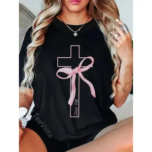 Pure Cotton Christian Pink Bow Cross T Shirt Featuring John 316 Bible Verse Unisex Crewneck Tee for Men and Women