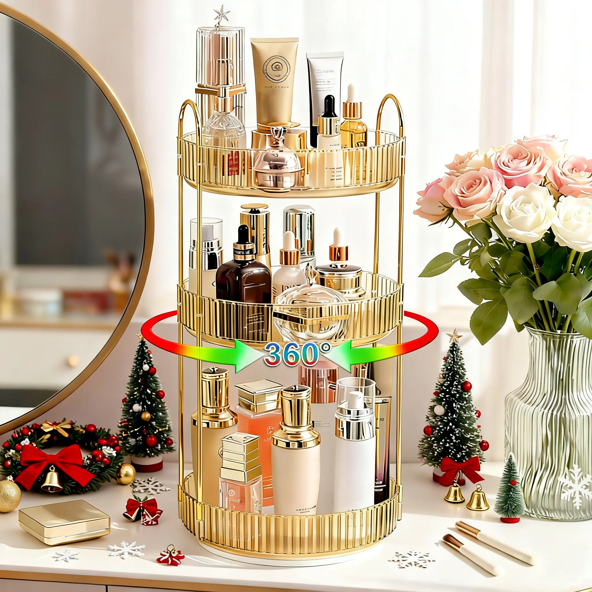 【Gift for  Mom】Raybee 360° Rotating Makeup Organizer, 2-3 Tier Large Bathroom Solution for Vanity, Clear Large Capacity Cosmetic Holder Perfume Jewelry Storage Shelf, Space Saving Desk Countertop Organizer, Easy to Clean, Ideal Gift for Mom/Sister/Lover