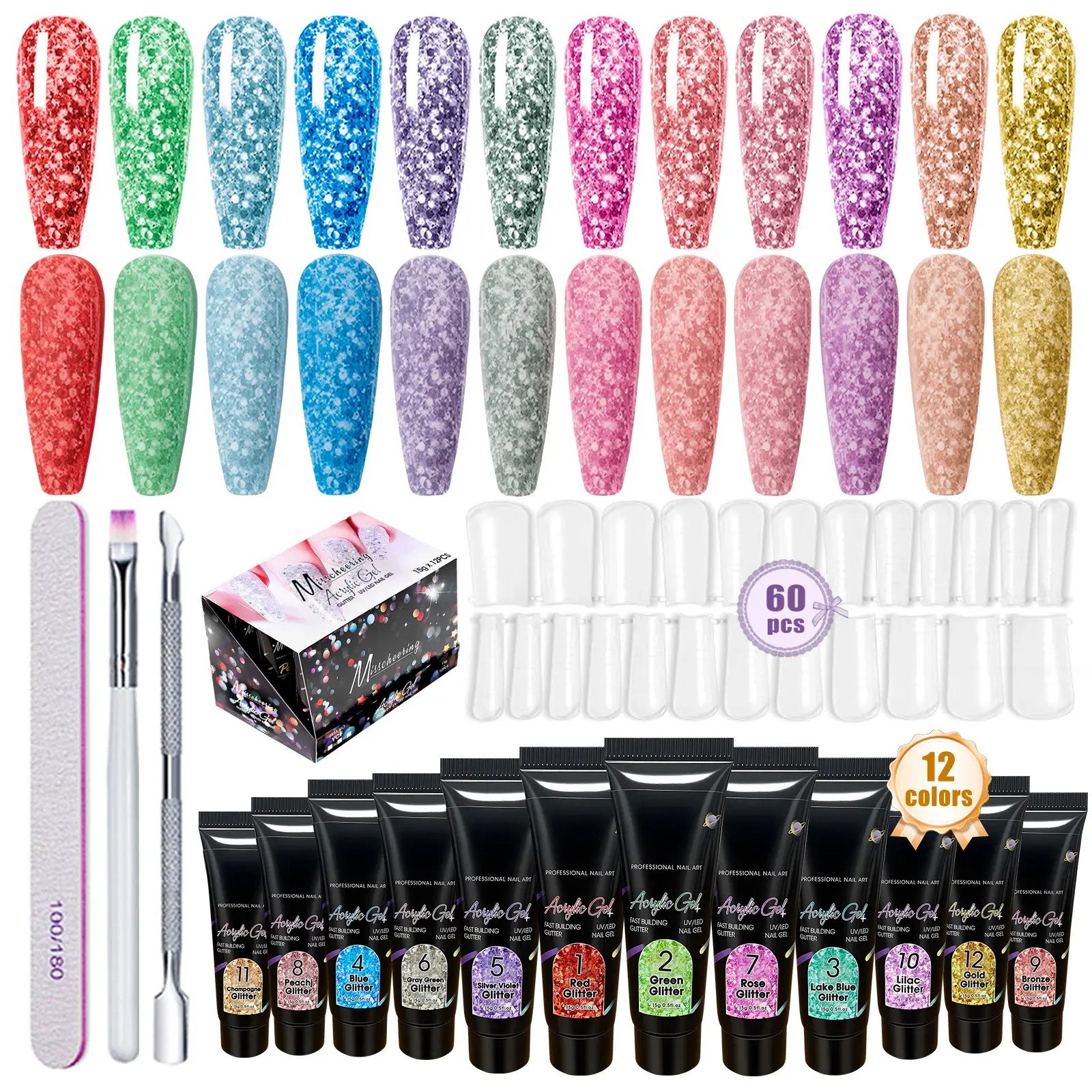 Poly Nail Gel Kit 12 PCS Diamond Poly Nail Gel Colors Nude Yellow Red Green Purple Blue Pink Glitter Poly Nail Gel Poly Extension Gel Nail Kit Gifts For Wome