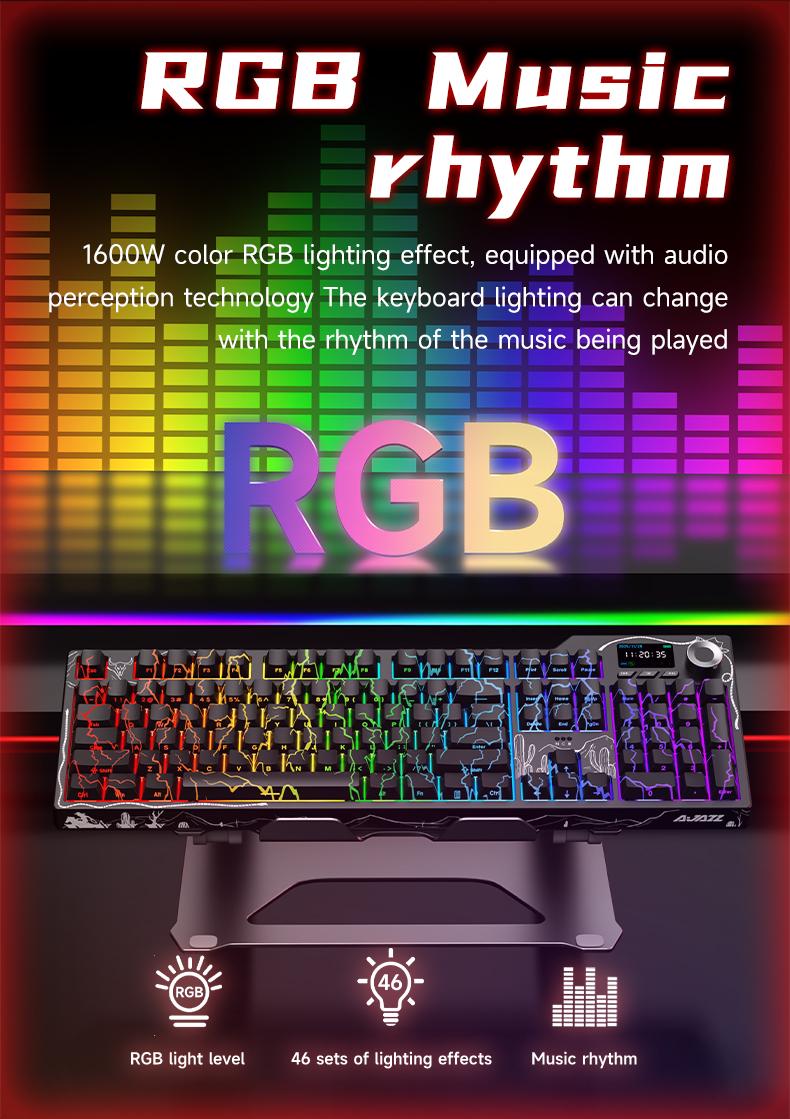 Ajazz AK35I V4 QMK Full-Size Wireless Ergonomic Mechanical Gaming Keyboard with Rotary Knob and Smart Screen Numeric Keypad. The perfect choice for both gaming and office use. Cream-colored keyboard. Christmas gift.