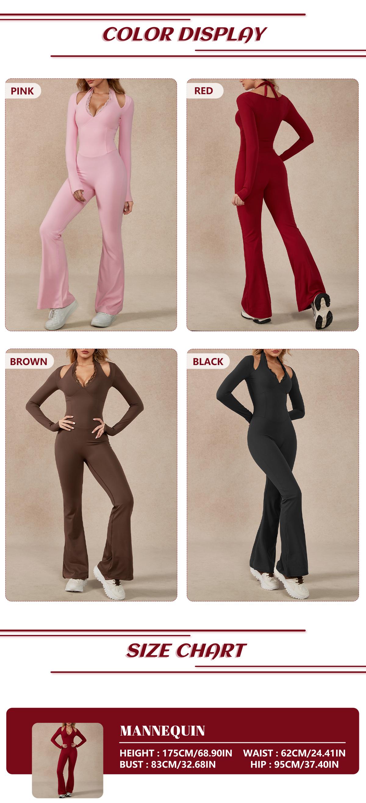 TimeOFF Women's Long-Sleeve Lace-Trim Halter Jumpsuit, Deep V-Neck & Flared Pant Hem, Solves Stylish Support & Flexible Fit Need for Yoga, Dance Workouts & Fashion-Forward Fitness Sessions,jumpsuit women jumpsuit for women