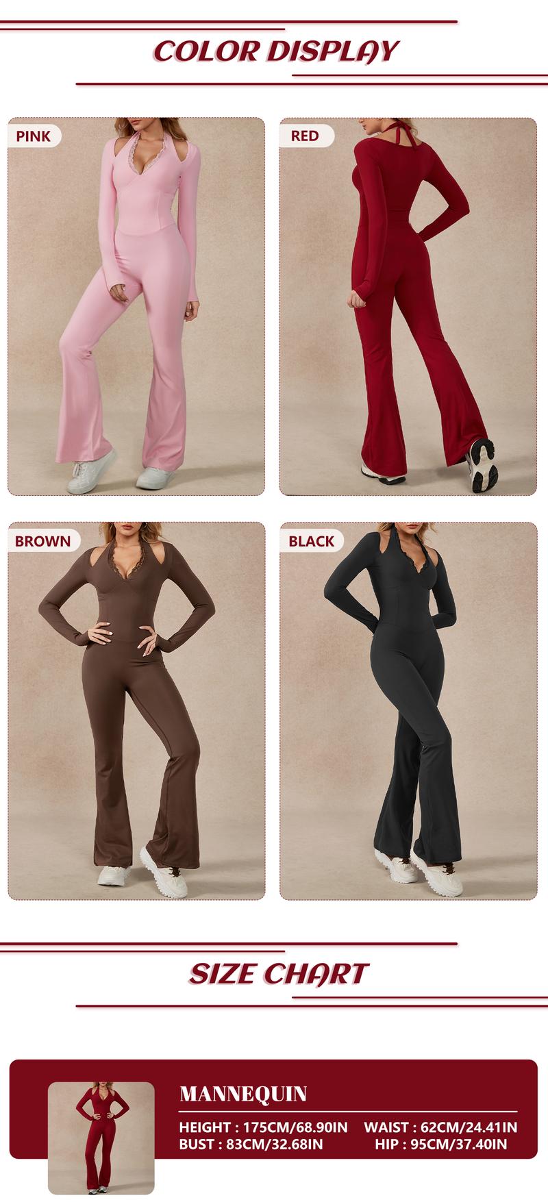 TimeOFF Women's Long-Sleeve Lace-Trim Halter Jumpsuit, Deep V-Neck & Flared Pant Hem, Solves Stylish Support & Flexible Fit Need for Yoga, Dance Workouts & Fashion-Forward Fitness Sessions,jumpsuit women jumpsuit for women