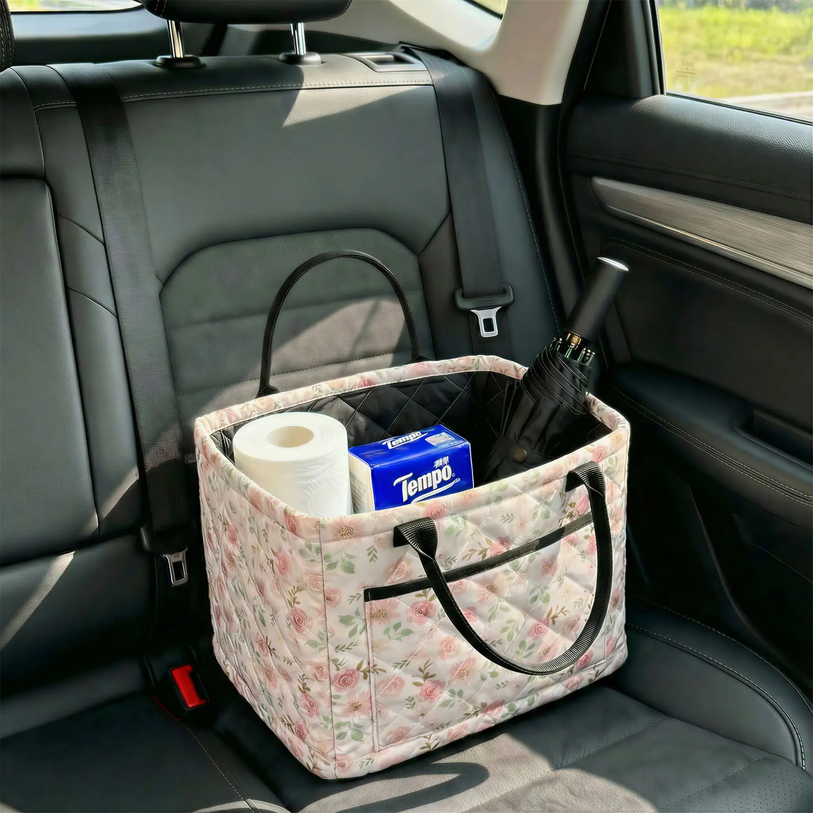 Floral Car Interior Storage Basket, Pink Storage Organization Large Capacity, Durable Mom Storage Bag Heavy Duty