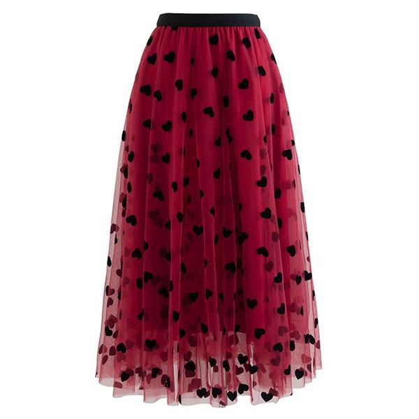 3D Heart Double-Layered Mesh Maxi Skirt – Flowy Tulle with Heart Details, Velvet Trim, Ethereal Silhouette, Elastic Waist, Perfect for Date Night, Parties & Special Occasions, Evening Wear