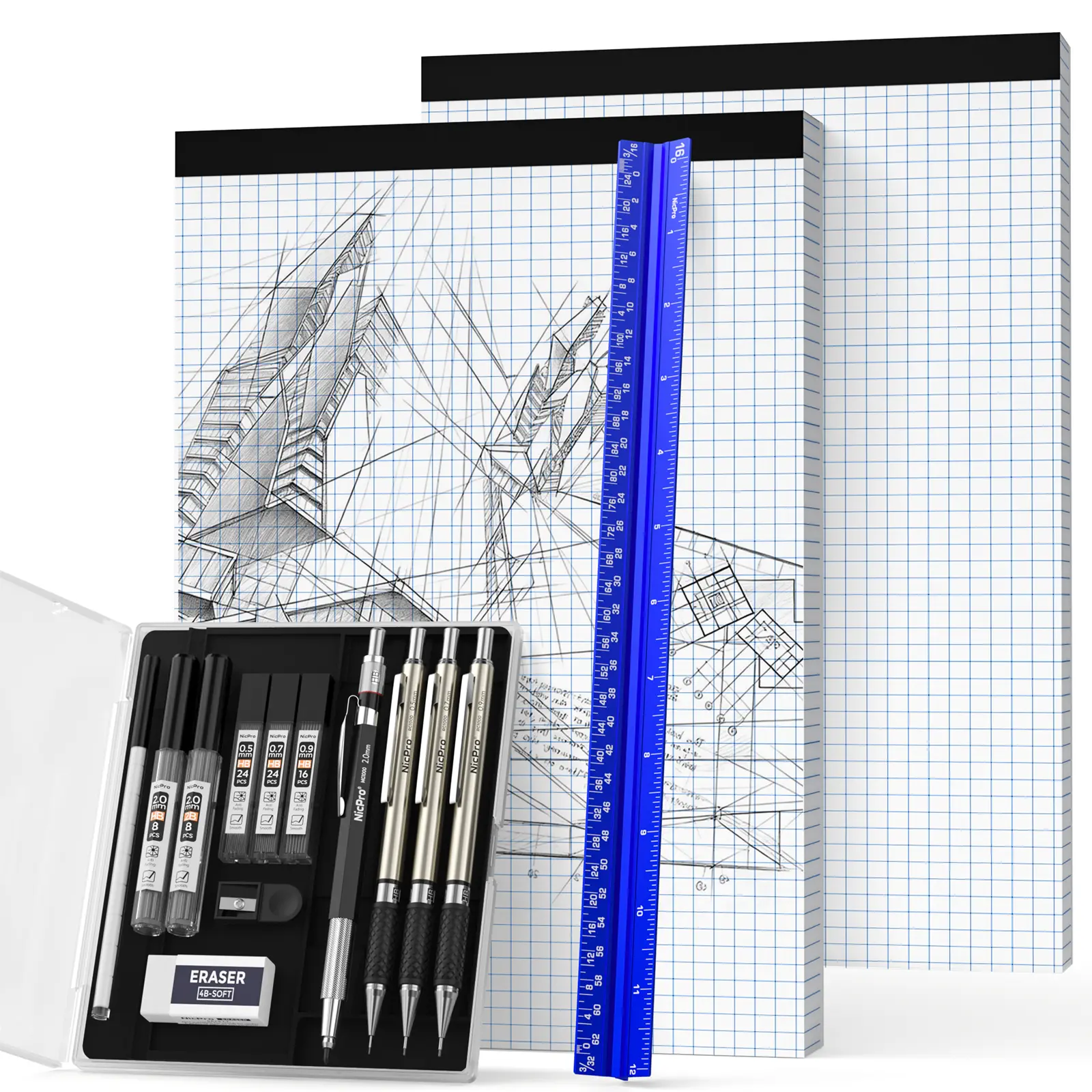 Nicpro 16PCS Technical Aluminum Geometry Drafting Measuring Set - 12" Triangular Architect Scale Ruler, 0.5/0.7/0.9/2mm Mechanical Pencils, 5 HB/2B Lead Refill Tubes, 2 Graph Paper Pads for Designers
