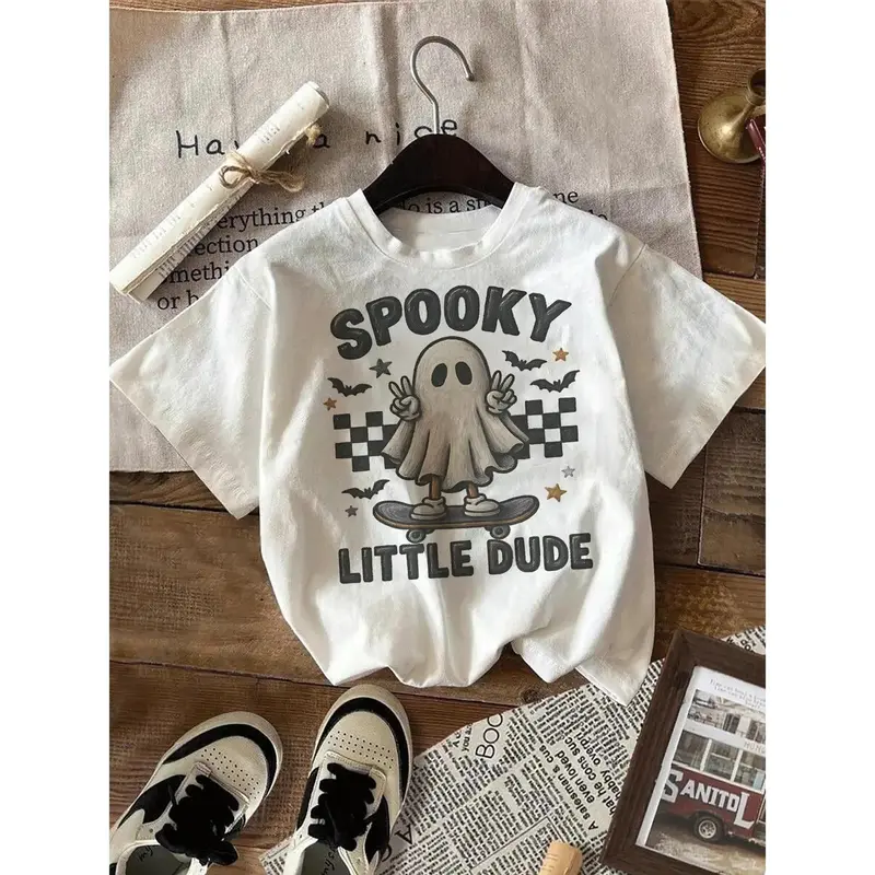 Spooky Ghost Skateboarding Design Cute Little Dude Halloween Graphic Tee Shirt For Boys, Casual Summer Outfit, Fun Print, Soft Cotton TShirt For Kids