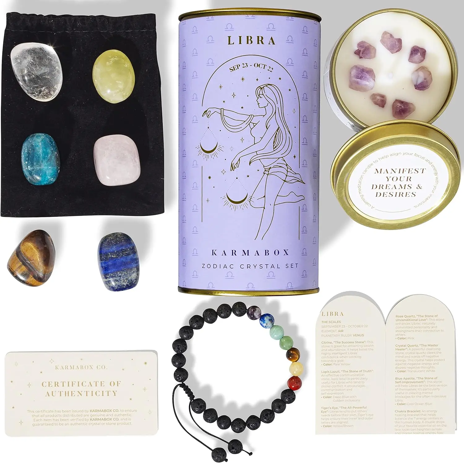 LIBRA Zodiac Crystal Set - Healing Stones & Tumbled Crystals Gift Box - Astrology Gifts for Women, Spiritual Birthday Gifts, Horoscope Manifestation Kit with Healing Bracelet, Stones for Meditation, Wellness & Energy Balancing, Unique Celestial