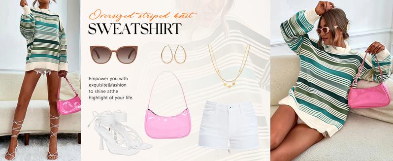 CHARTOU Women Contrast Striped Pullover Sweater 2025 Fall Outfits Oversized Knit Jumper Tops