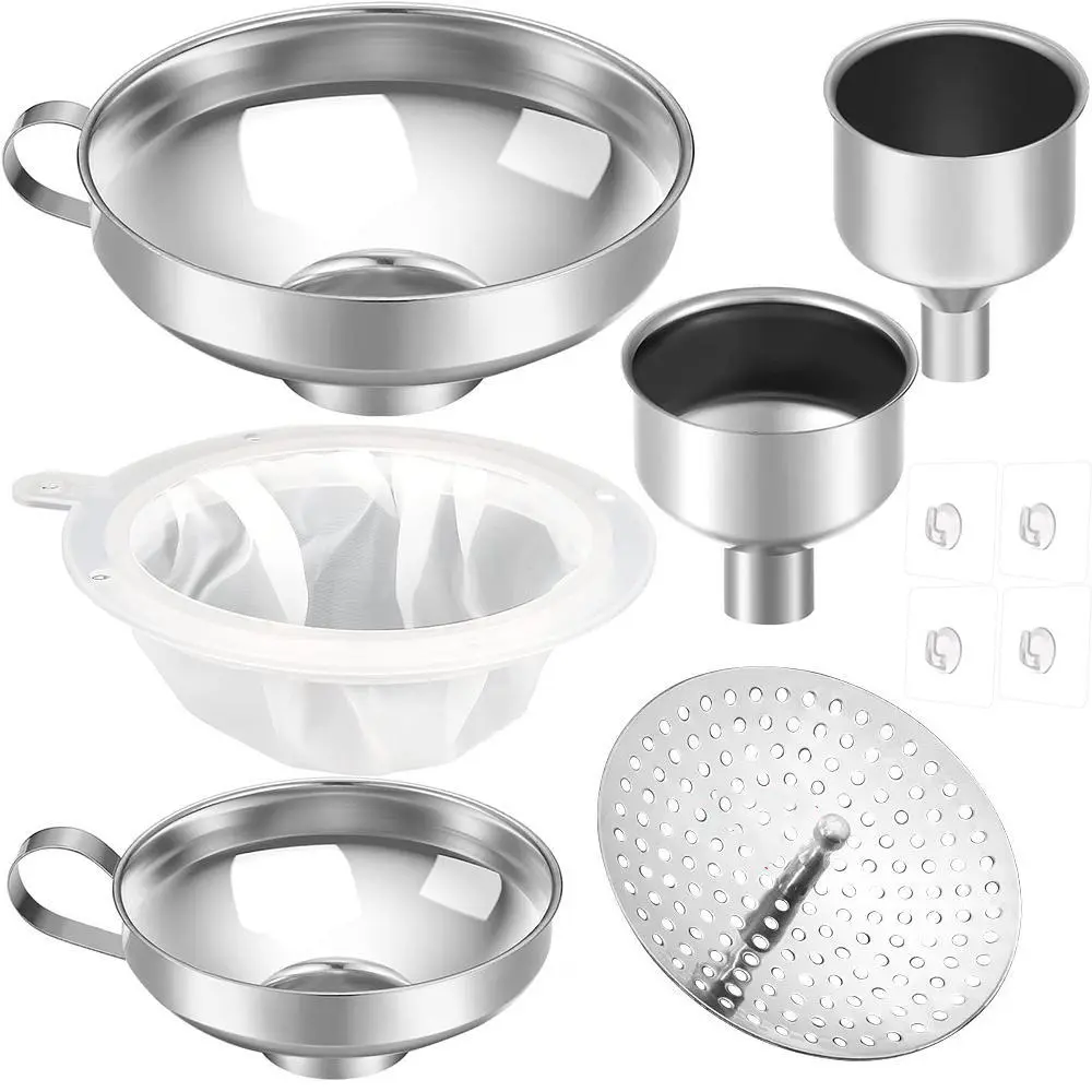 Multi-Size Food Grade Stainless Steel Funnel Set (10-Piece) - 4 Large/Small Funnels with Holes, 4 Hooks, 1 Filter, 1 Strainer, Portable Kitchen Utensils for Wine, Oil Pouring