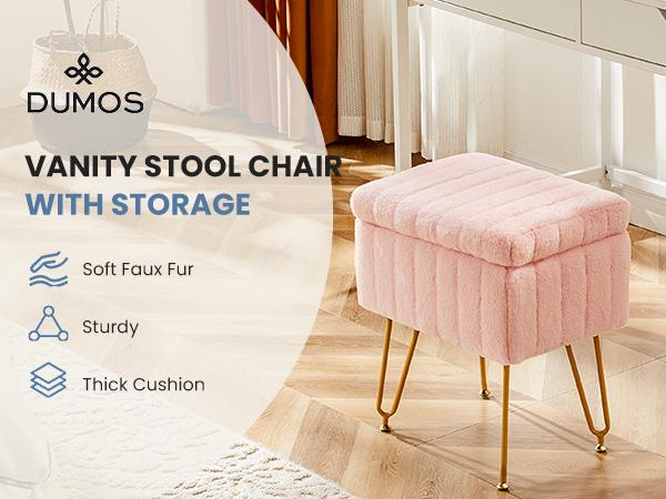 Sweetcrispy Store-Vanity Stool Chair with Storage, Ottoman Faux Fur Soft Padded Makeup Footstools Seat with 4 Metal Legs Anti-Slip Adjustable Feet
