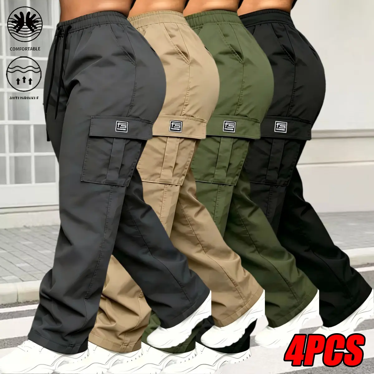 4-Pack Women’s Mid-Waist Wide-Leg Cargo Pants, All-Occasion Streetwear Casual Loose-Fit Pants with Adjustable Drawstring Waist and Flap Cargo Pockets, Wrinkle-Resistant, Ultra-Soft, Breathable Pants for Work, Errands, Shopping, Outdoor Trips, Weekend Geta
