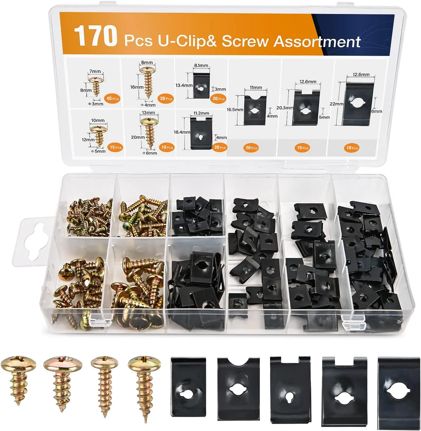 170PCS Car U Clip and Screw Assortment Kit, Automotive U Nut and Screw Fasteners for Dash Door Panel Interior Trim