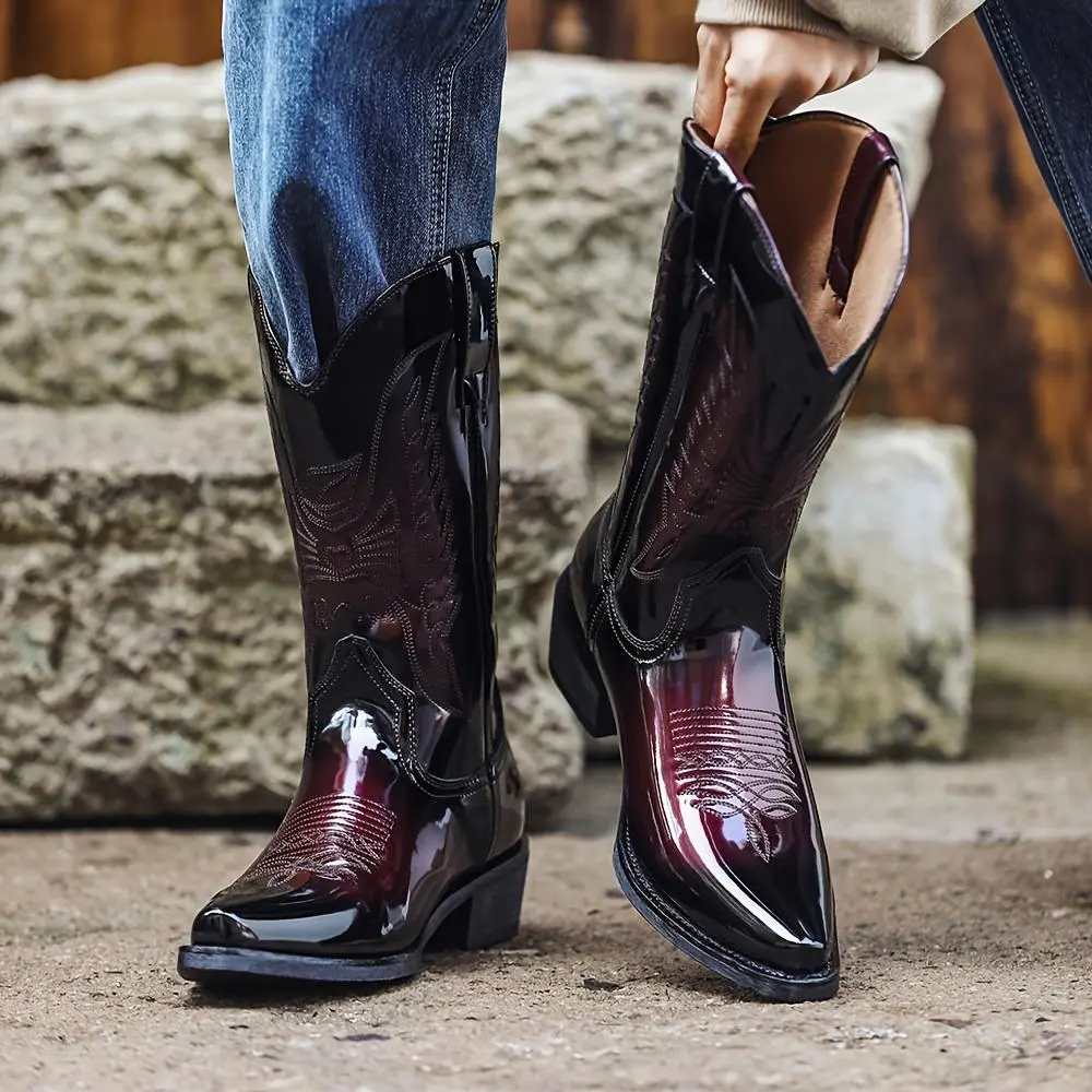 Zotixvox Men's Western Chic Cowboy Boots - Unisex Pointed Toe Mid-Calf PU Leather Shoe for Casual All-Season Wear, Slip-On, Walking Shoes, Footwear, Fashion Boot, Closed, Western Elegance, Classic Boot