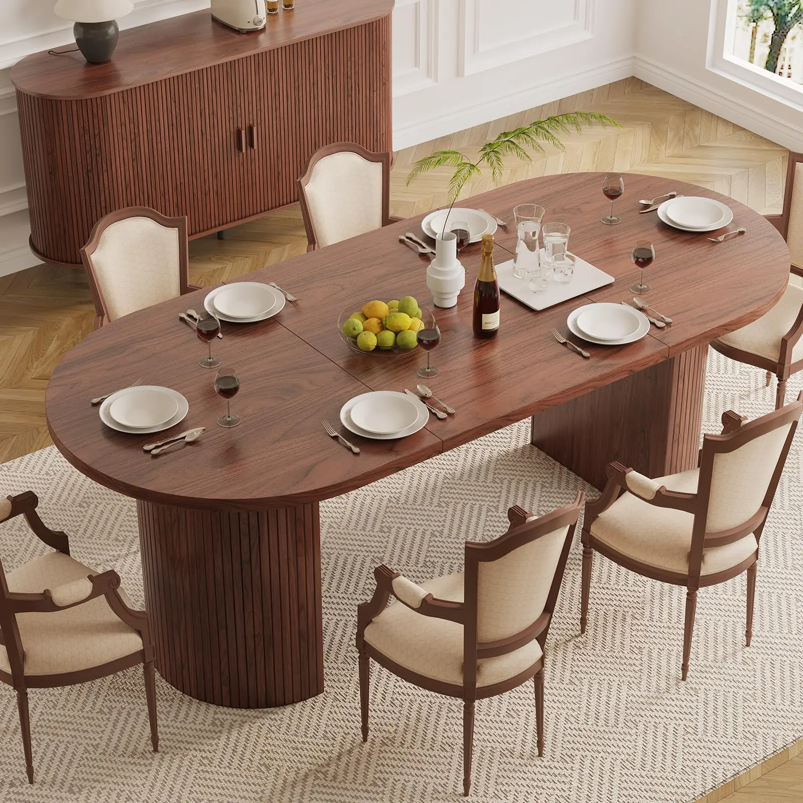 ONBRILL 70.8 Inch Dining Table for 4-6, Oval Dining Room Table with Curved Fluted Wood Strip Base, Mid-Century Modern Kitchen Tables with Footpads, Dinner Tables for Living Room, Dining Room【SohoChic】