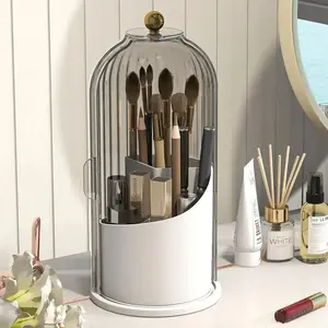 360 °   Rotating Cosmetic Brush Storage Basket, Makeup Brush Holder Organizer with Clear Dustproof Lid, Multi-grid Countertop Makeup Storage Box, Tooth Brush Toothpaste Holder,Desktop Makeup Organizer for Vanity Dresser Bathroom & Office, Beauty Organiser