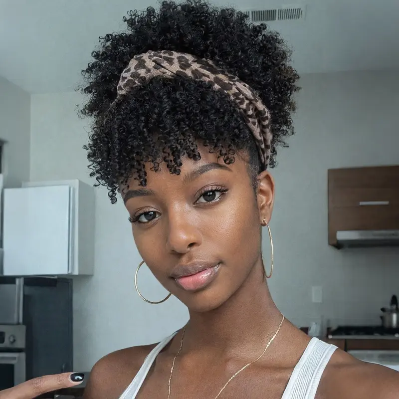 Female 8-inch Afro Curly Synthetic Full Machine Wig - Glueless 2 In 1 Headband Wig with Pre-Cut Kinky Black High Puff, Bangs, Wrap Strap, Heat Resistant for Everyday Wear