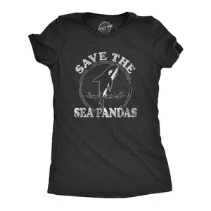Womens Save The Sea Pandas Funny Whale Orca Dolphin Ocean Life T shirt Funny Womens T Shirts Cute Vintage Fashion Casual Ladies T-Shirt Gift Environmental Tops for Women Funny Animal Top Women's Novelty Tees Black