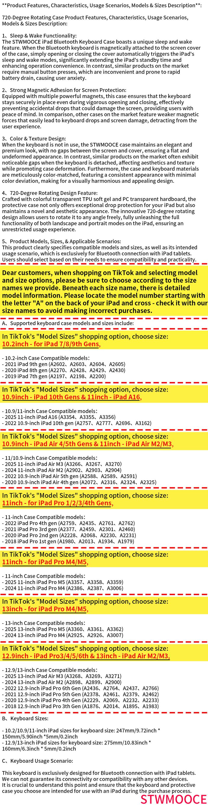 STWMOOCE 720 Rotation case for iPad Wireless Keyboard Cases with Pen Holder, Compatible with 10.2-inch iPad7/8/9th, 10.9 iPad 10th, 10.9 iPad Air4/5th, 11 iPad Air(M2/M3),11-inch Pro1/2/3/4th Gen,11/13-inch Pro(M4),13-inch Air M2/M3 bluetooth tablet case