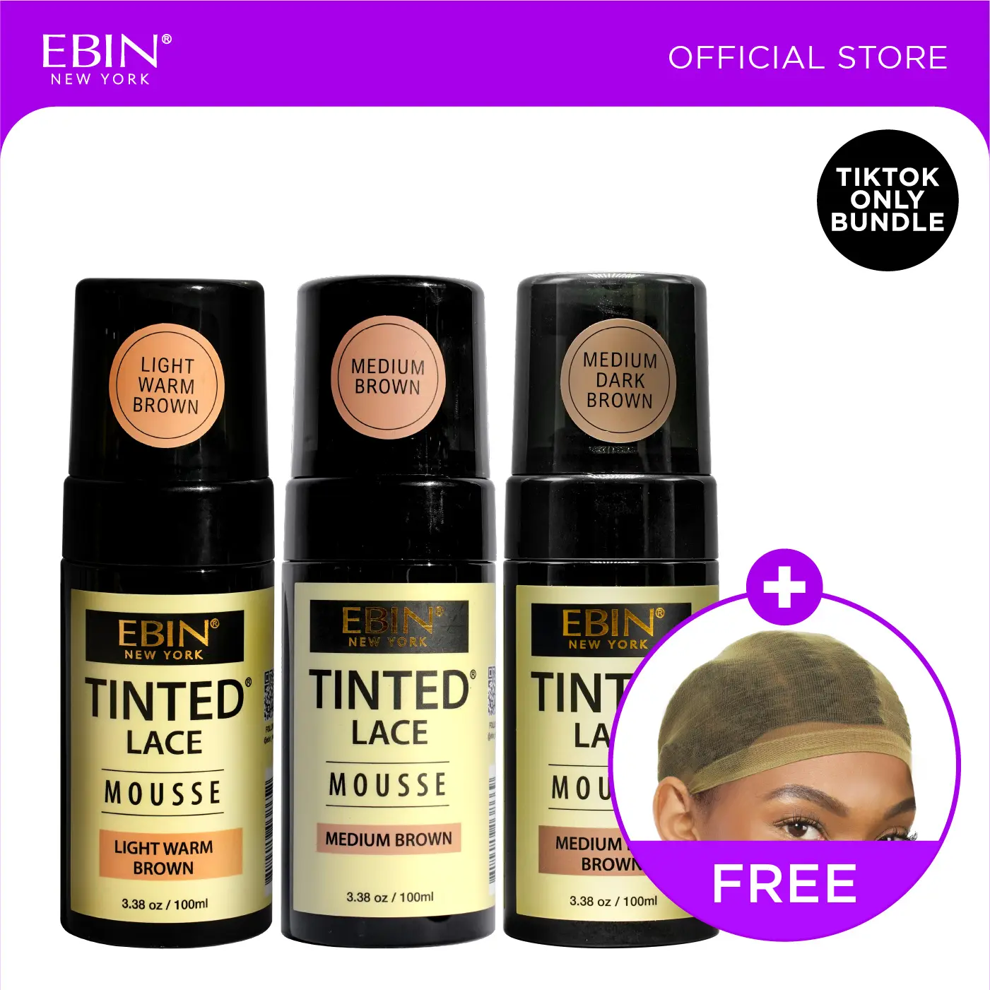 EBIN Tinted Lace Mousse Bundle (Light Warm Brown, Medium Brown, Medium Dark Brown) with FREE Wig Cap | Natural Tone Match, Seamless Lace Melt