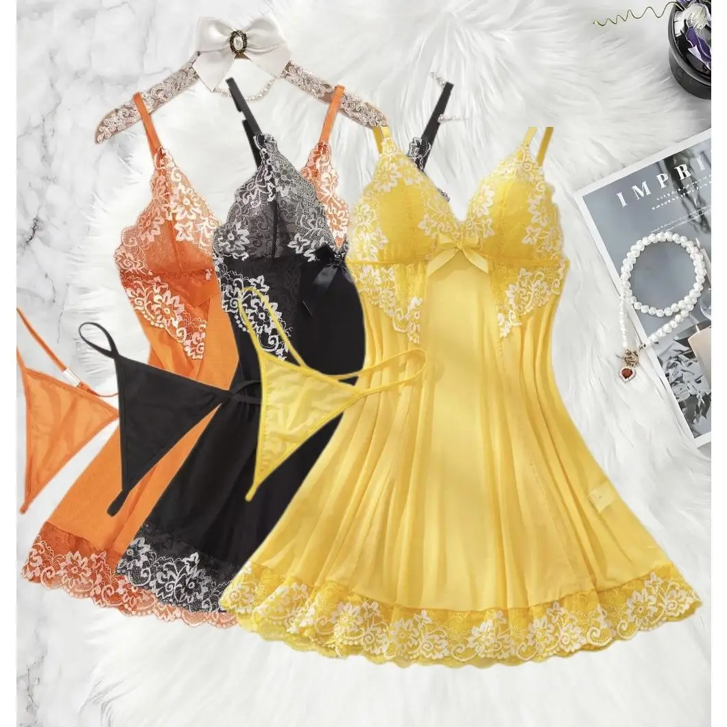 Women's 2-Piece Sexy Sheer Tulle Lingerie Set - V-Neck Babydoll Dress with Lace Ruffle Trim, Matching G-String Thong, Loungewear Nightwear, Lacy, Tulle Fabric, Bold Babydoll Look, Xl, Chic