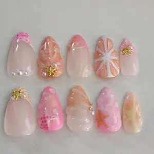 Pink and Orange Summer Almond Press On Nails Application Packet Trendy Cute Unique with Gold Charms