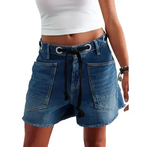 Cicy Bell Women Drawstring Mid Waist Denim Shorts Summer Casual Wide Leg Jorts Boyfriend Baggy Jeans Short Pants with Pockets