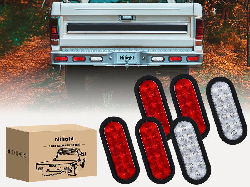 Nilight 6 Inch Oval Trailer Tail Light 6PCS Red White 10LED with Flush Mount Grommets Plugs IP67 Waterproof Brake Turn Signals Reverse Lights for RV Truck Trailers Vehicle