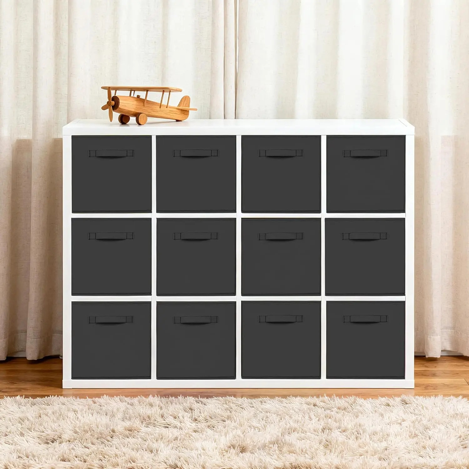12-Pack Black Fabric Storage Boxes with Handles, 11in Collapsible Shelf Organizer Bins for Closet, Nursery, Decorative Home Supplies