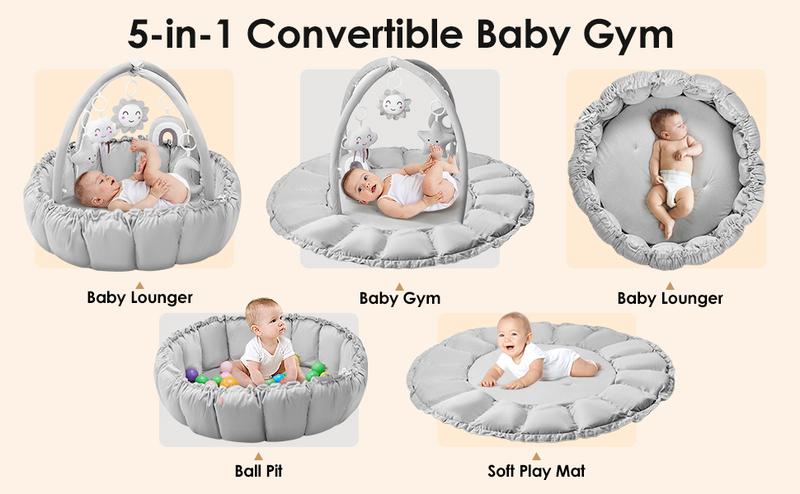 5-in-1 Convertible Baby Gym Play Mat with Hanging Toys, Soft Padded Baby Lounger & Ball Pit, Plush Tummy Time Mat for Newborns to Toddlers, Machine Washable, Gray/pink