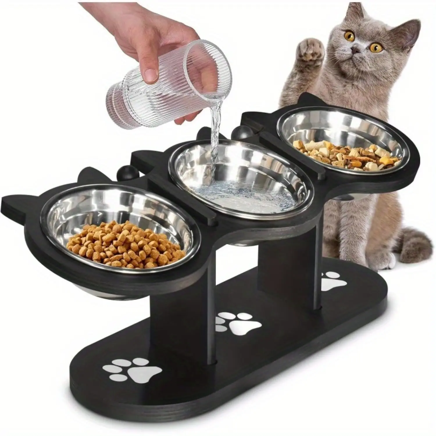 15° Tilted Stainless Steel Elevated Cat Bowls, Adjustable Raised Cat & Puppy Bowl Stand Feeder with 3 Stainless Steel Pet Bowls, Anti-Spill Black Wooden Base, Cat & Small Dogs Dishes for Food And Water