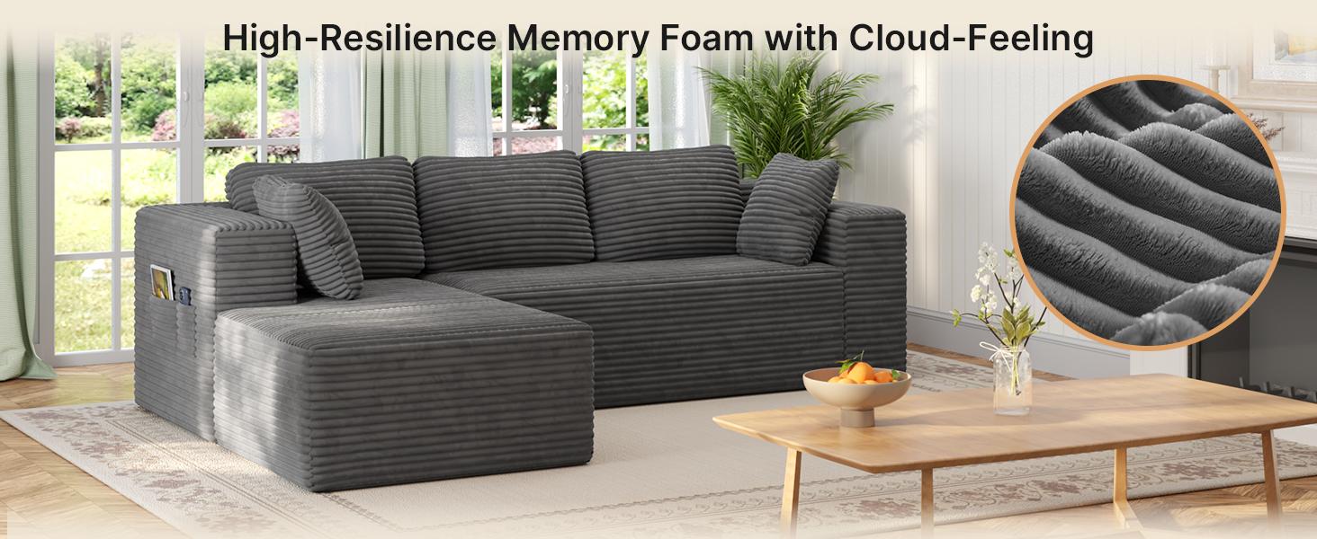 【2 Packages Shipping】Gizoon 105" Cloud Sectional Couch with L-Shape Chaise, Modular Boneless Sofa for Living Room, Upholstered Corduroy Couch with Deep Seat, No Assembly Required (Grey, Left Facing Chaise)