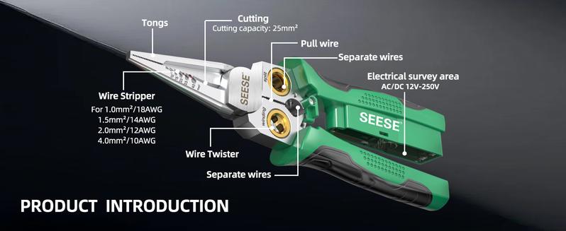 SEESE 8 in 1 Wire Stripper Twister for Cutting and Pulling Wires, Cable Scissors,Voltage Tester Pliers, 12V to 250V Live,Null,Hot Wire Judgment AC DC, Audible and Flashing LED Alarms
