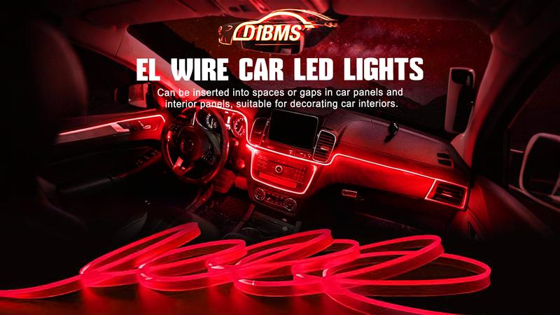 DIBMS EL Wire Interior Car LED Strip Lights, USB Neon Glowing Strobing Electroluminescent Wire Lights with 6mm Sewing Edge, Ambient Lighting Kits for Cars Garden Decorations, USB Powered Car Interior Fiber Light (5M/16.5FT, Red)