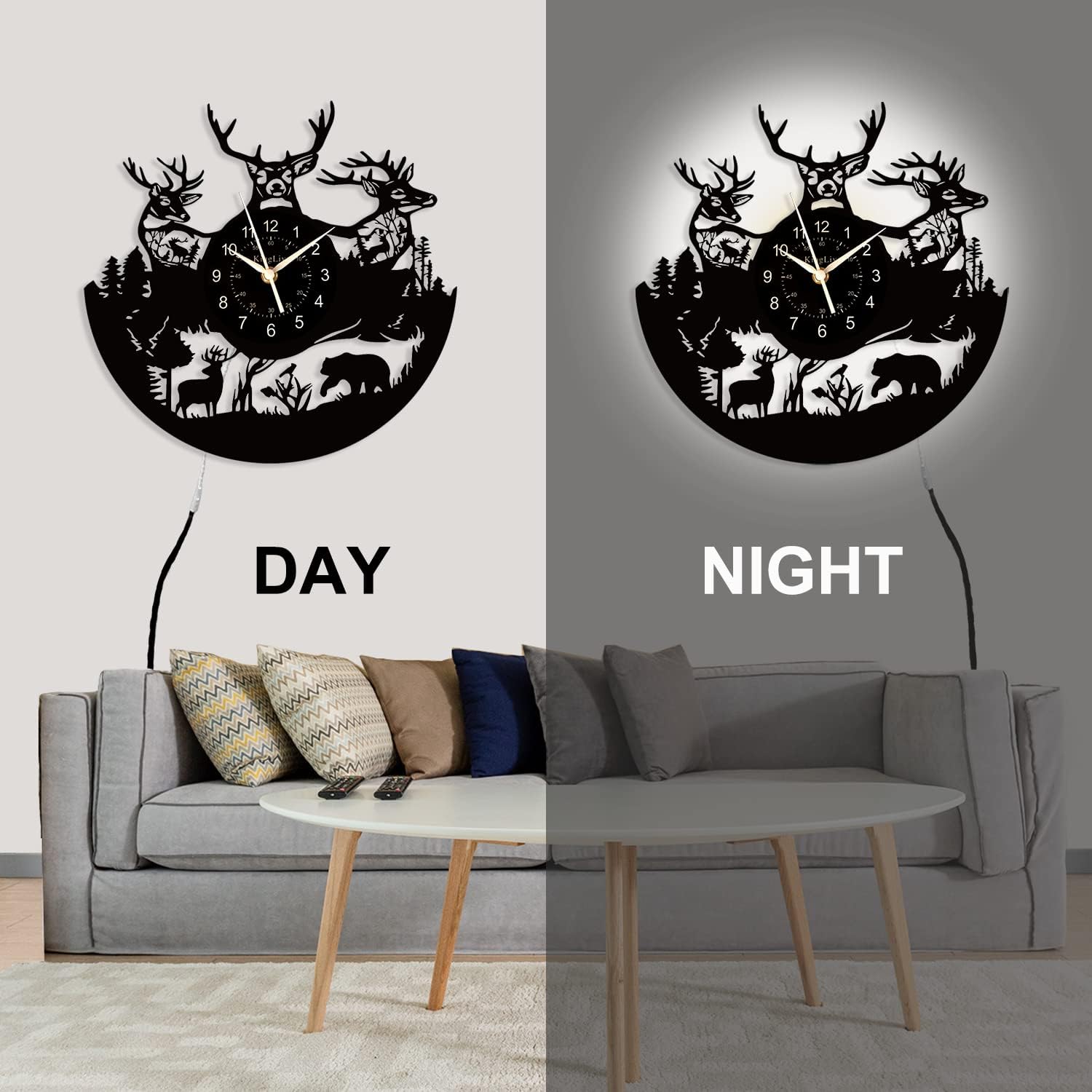 Vintage Forest Deer Vinyl Wall Clock, Led Wall Clocks, Christmas & Easter Themed Seven-Color LED Display, Home & Office Decor, Unique Bar Decoration