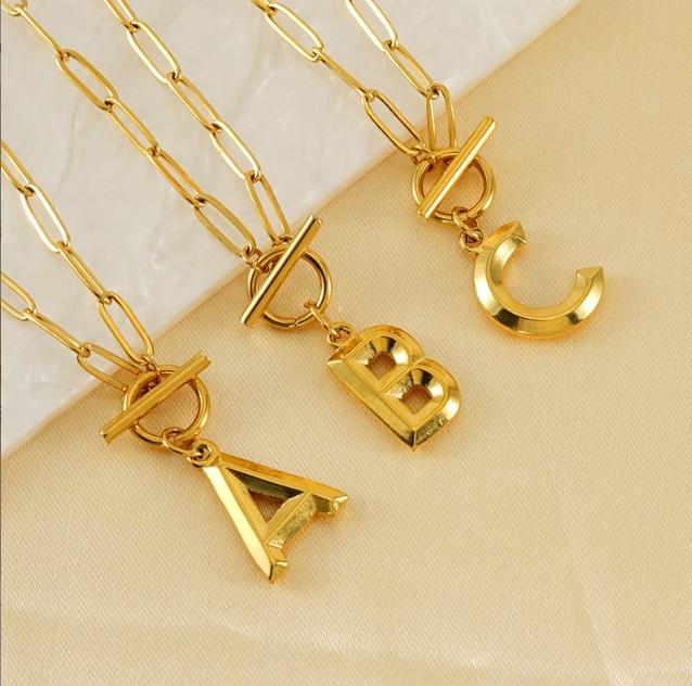 GGIRL OT Buckle English Letter Necklace 18K Gold Plated Three Dimensional Pendant for Men Women Elegant Modern Fashion Jewelry Gift for Holiday Haul Christmas Birthdays Anniversaries Versatile Design