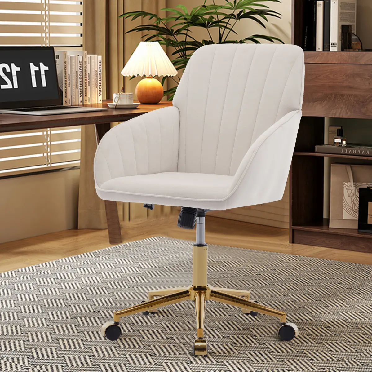 TY Glam Adjustable Ergonomic Office Chair - 21.12 lbs, 22.84 in, 38.00 in, Velvet Upholstery, Gold-Plated Base, Memory Foam Cushion, Swivel, Long-Sitting Comfort, Assembly Required (For Home & Bedroom Use), Elegance, Ergonomics, Adults