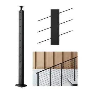 36" x 1" x 2" Black Stainless Steel Cable Railing Post – Includes Pre-Drilled 30° Angled Holes, Horizontal & Curved Brackets – 1-Pack for Stair Railings
