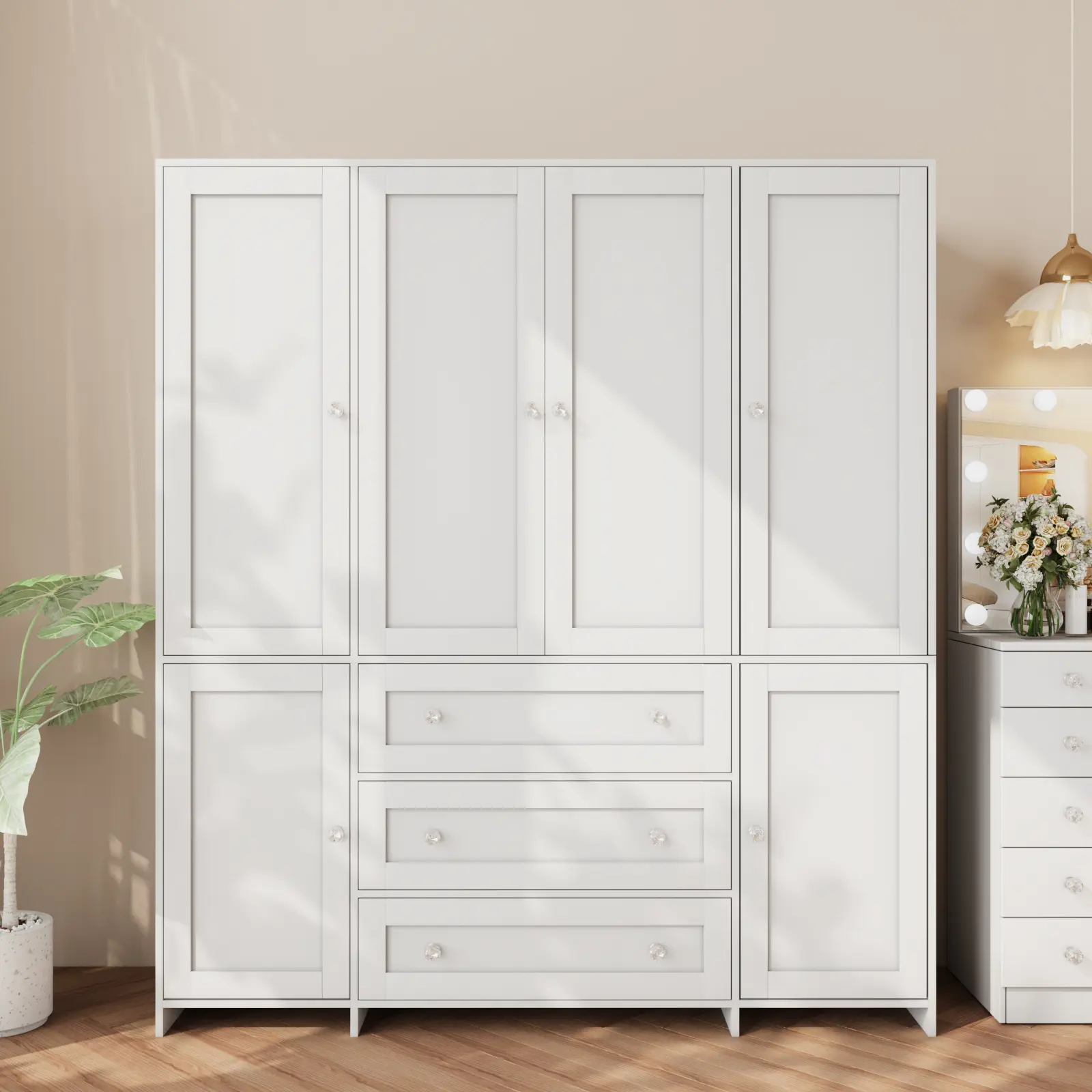 【2 Package Deliver】VOWNER White Large 4 Doors with Glass door Wardrobe with Side Cabinets 3 Drawers Aluminum Alloy Hanging Rod