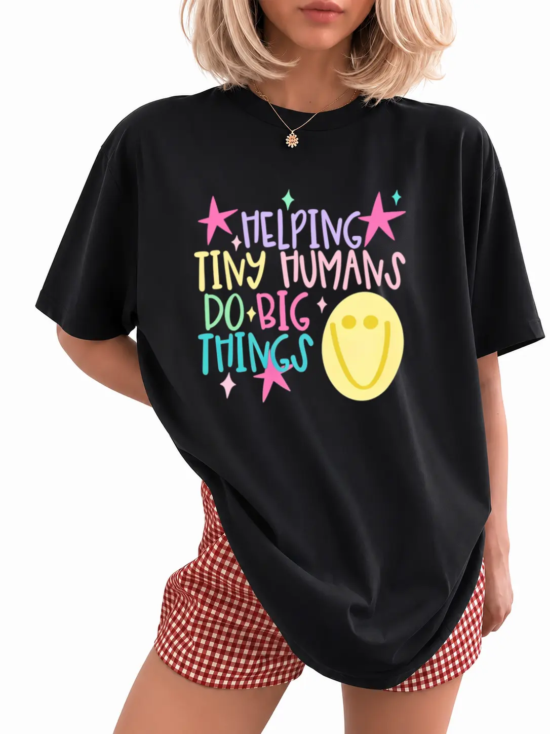 Helping Tiny Humans Do Big Things Shirt – Preppy Teacher Graphic Tee, Back to School Stars T-Shirt, Daycare & Preschool Teacher Gift  Womenswear