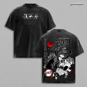 Demon Slayer Tanjiro And Nezuko Kimetsu no Yaiba Adult Unisex T-shirt - Demon Slayer t-shirt Menswear Anime Double Printed Oversize Lightweight Acid Washed Tee, Gift For Anime Merch