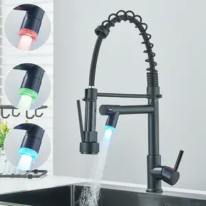 Commerical Kitchen Faucet with Sprayer,Single Handle Pull Down Sprayer Kitchen Sink Faucet with LED Light Two Spout,Matte Black