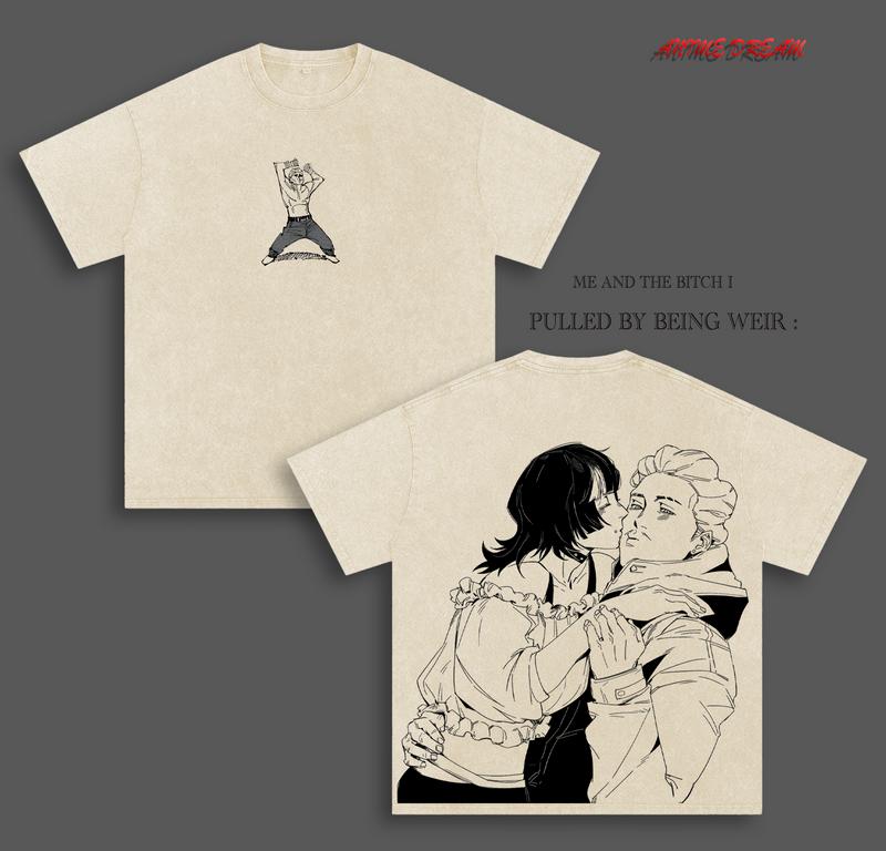 Kirara x Hakari JJK Anime Double Printed Vintage Washed Tee Unisex Oversize Heavyweight Cotton T-shirt for Anime Fans and Lovers