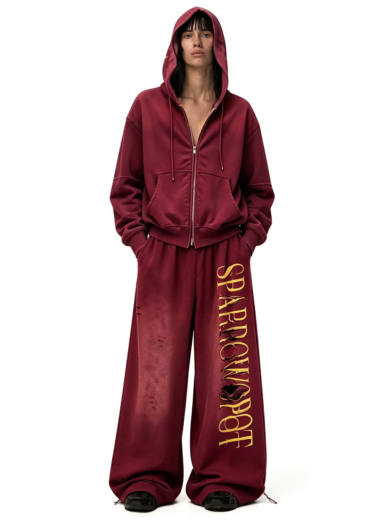 FDR Women's Retro Chic Draped Tie-Front Vintage Washed Distressed Wide Leg Sweatpants - Unisex Oversized Relaxed Fit, Soft Cotton-Blend Fabric with Gradient Spray Detail, Casual Streetwear Bottoms for Everyday Wear, Gothic Style, Adjustable