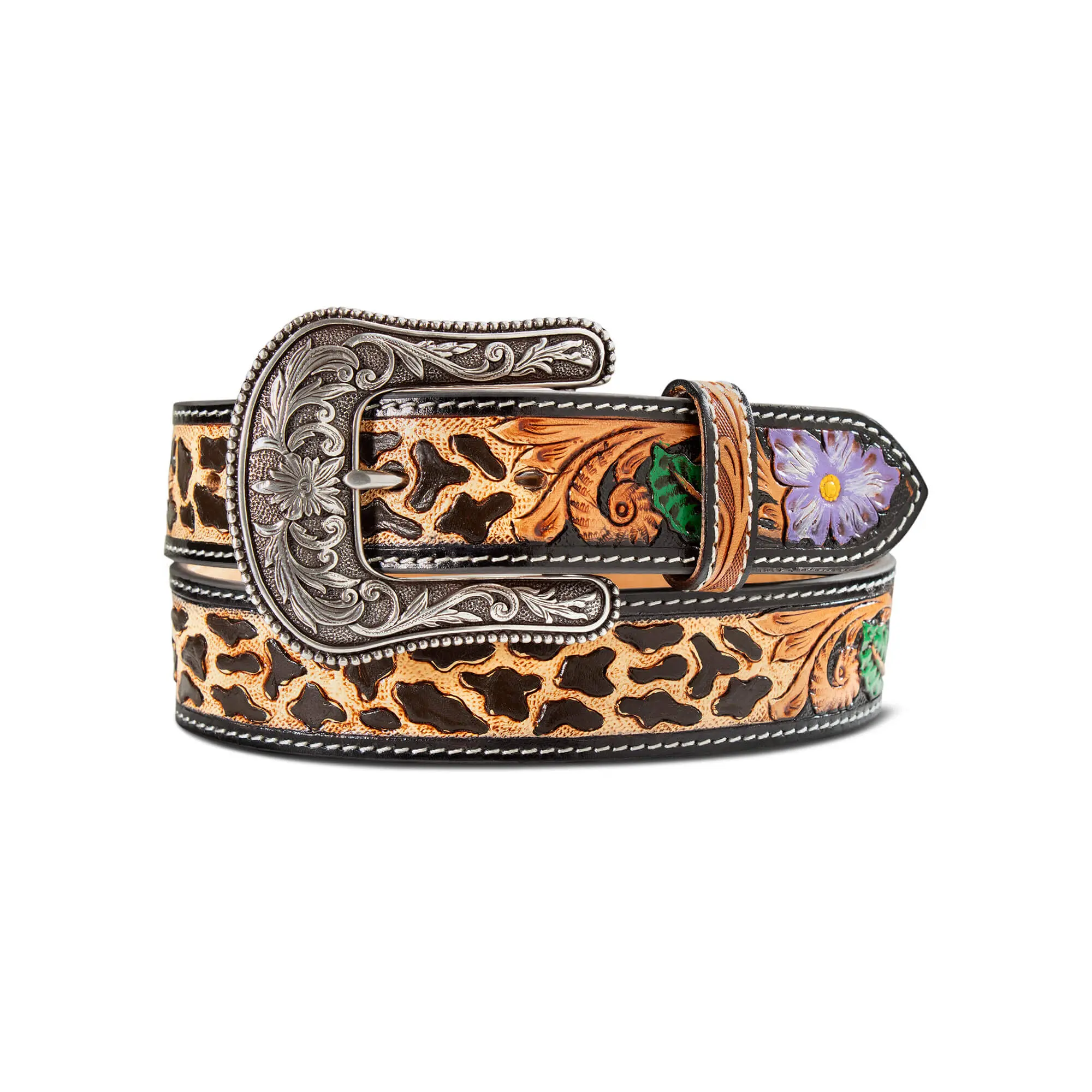 Women's Hand Tooled Cheetah Print With Painted Flower Belt
