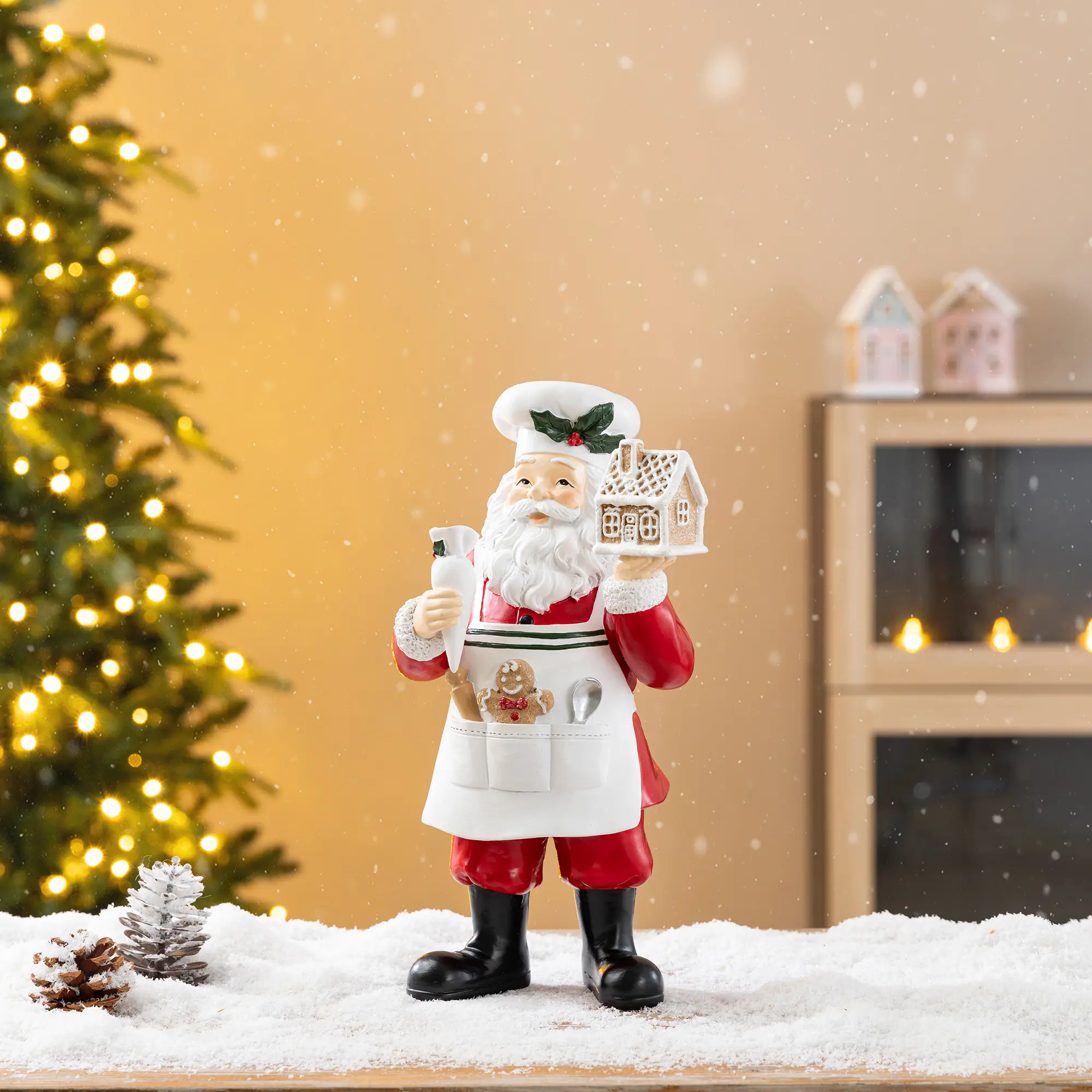 Glitzhome 11"H Decorative Durable Hand-Painted Modern Polyresin Santa Chef Figurine - Indoor Figurines & Miniatures with Baking Spoon, Gingerbread House, Gingerbread Christmas Decor