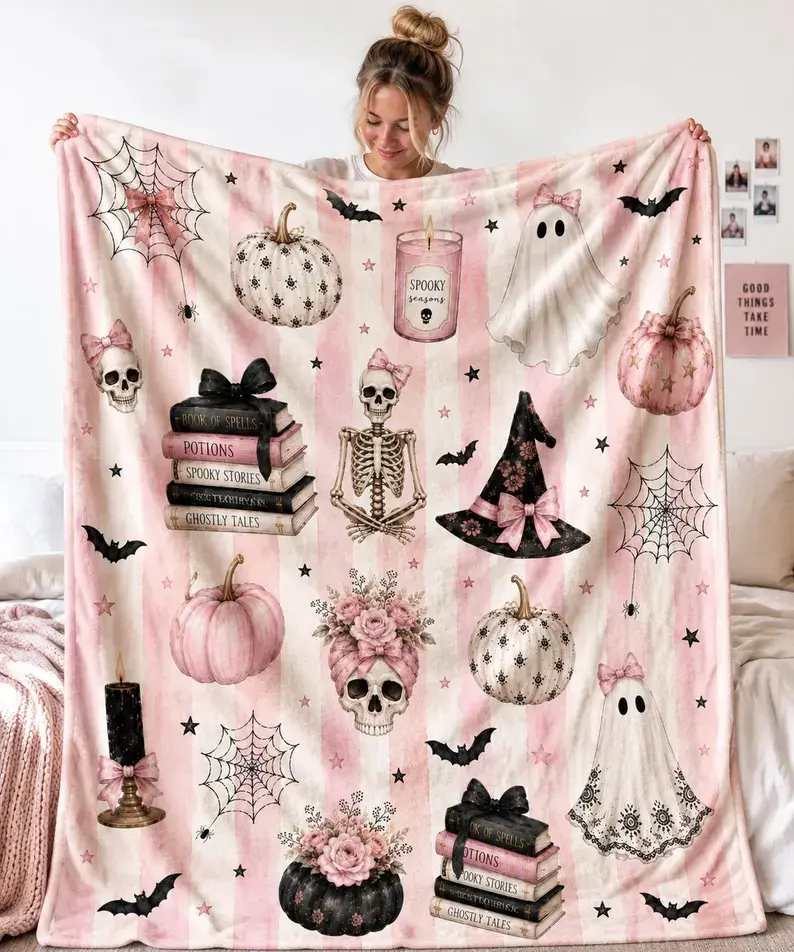 Pink Halloween Blanket, Cute Ghost Throw Blanket, Teen Girl Halloween Gift, College Dorm Blanket, Halloween Blanket For Teen Girl, Cozy Gift , Gift Blanket  Decor Christmas and Halloween and Birthday