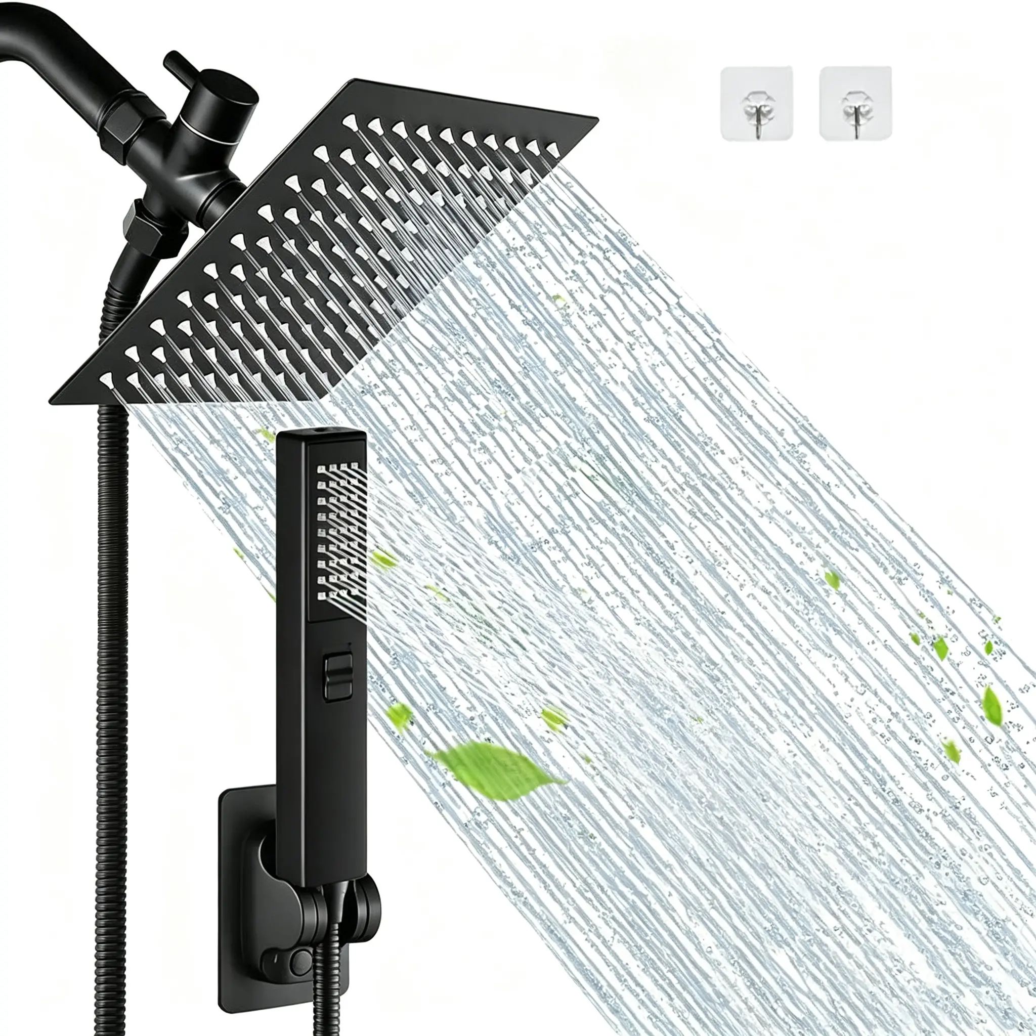 Bathroom Accessories High Pressure Shower Head Set for Summer Gift,1 Set 6/8"  Square Rain & 2-in-1 Hand Shower,Equipped with 75"Hose, 3 Way Diverter Valve,Adhesive Shower Head Holder,Wrench-free installation summervibes,home essentials