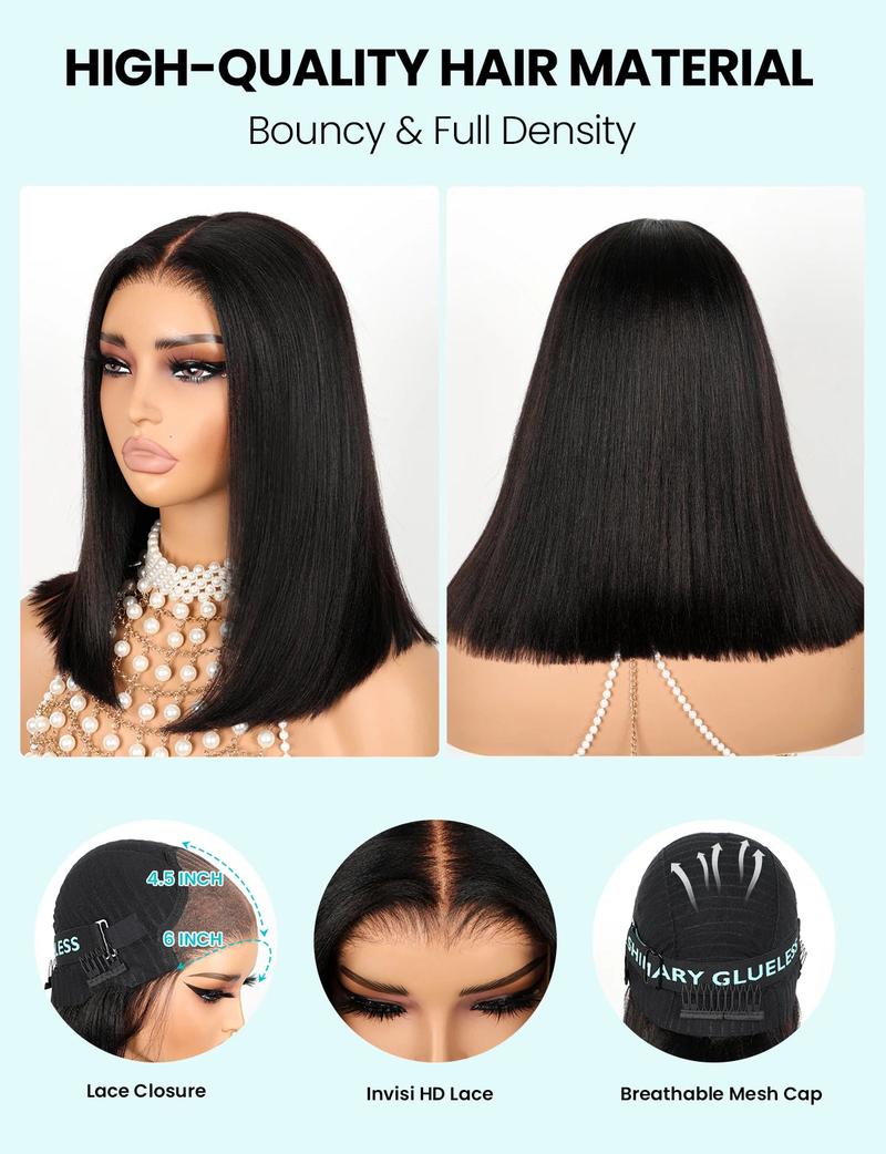 【12‘’ Only $79】 Wear & Go Yaki Straight Glueless Bob Wig Pull Go Pre Cut Lace Wig Natural Human Hair Wig Pre-Everything Wig #1B 180% Density Glueless Lace Black Yaki Bob Bleached Knots Wig