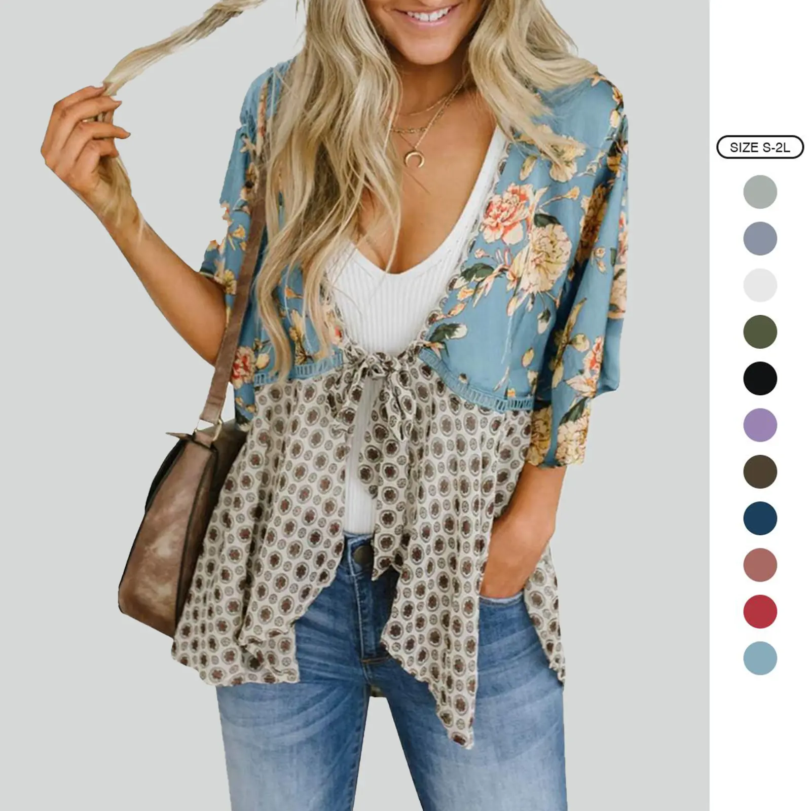 Imily Bela Womens Floral Boho Patchwork Kimono Cover Ups Ruffle Short Sleeve Chiffon Lightweight Cardigans