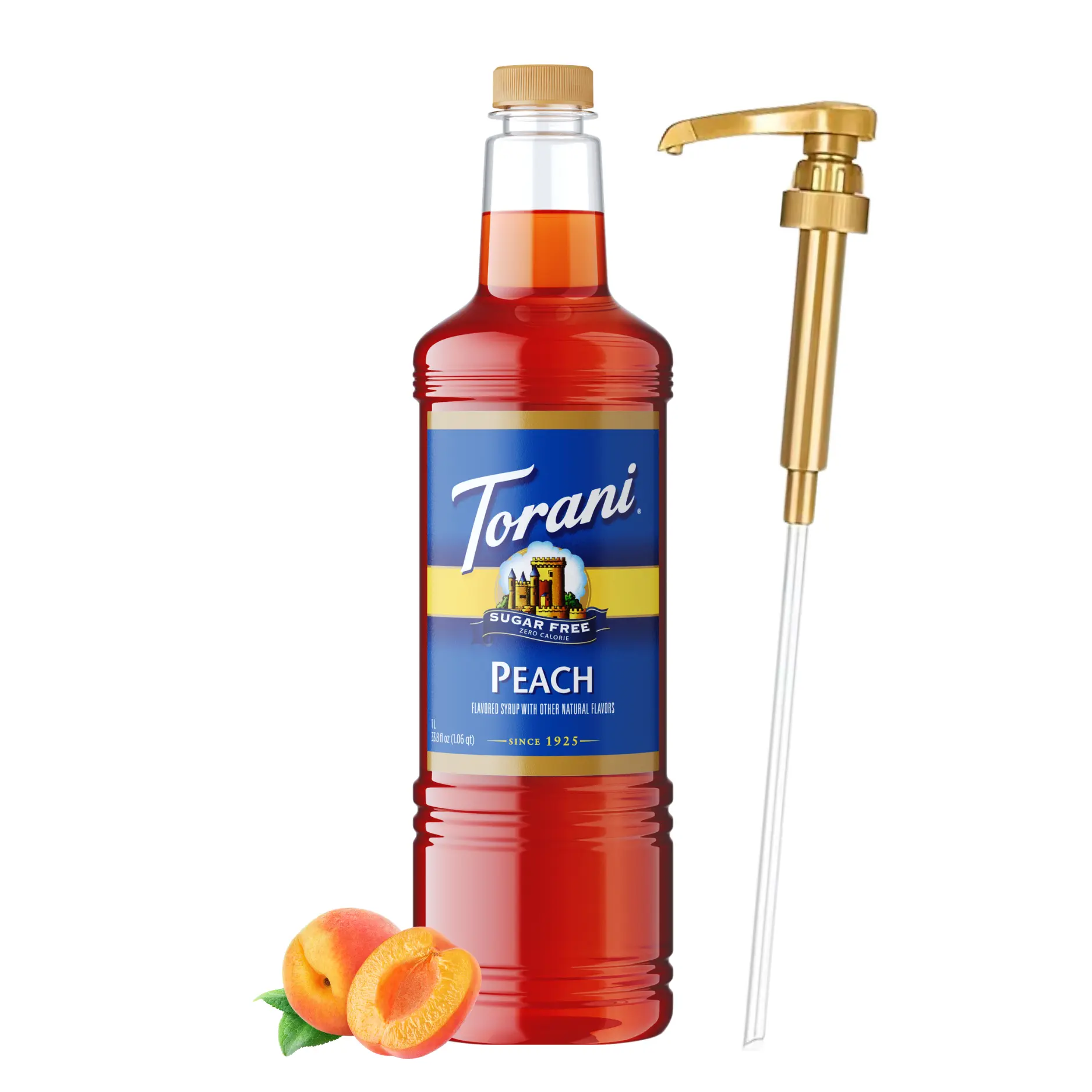 Torani Sugar Free Peach Syrup 1L Bottle with Pump Dispenser - 0 Sugar, 0 Calories, Keto-Friendly, Gluten-Free, Natural Fruit Flavor for Coffee, Beverages & Cocktails
